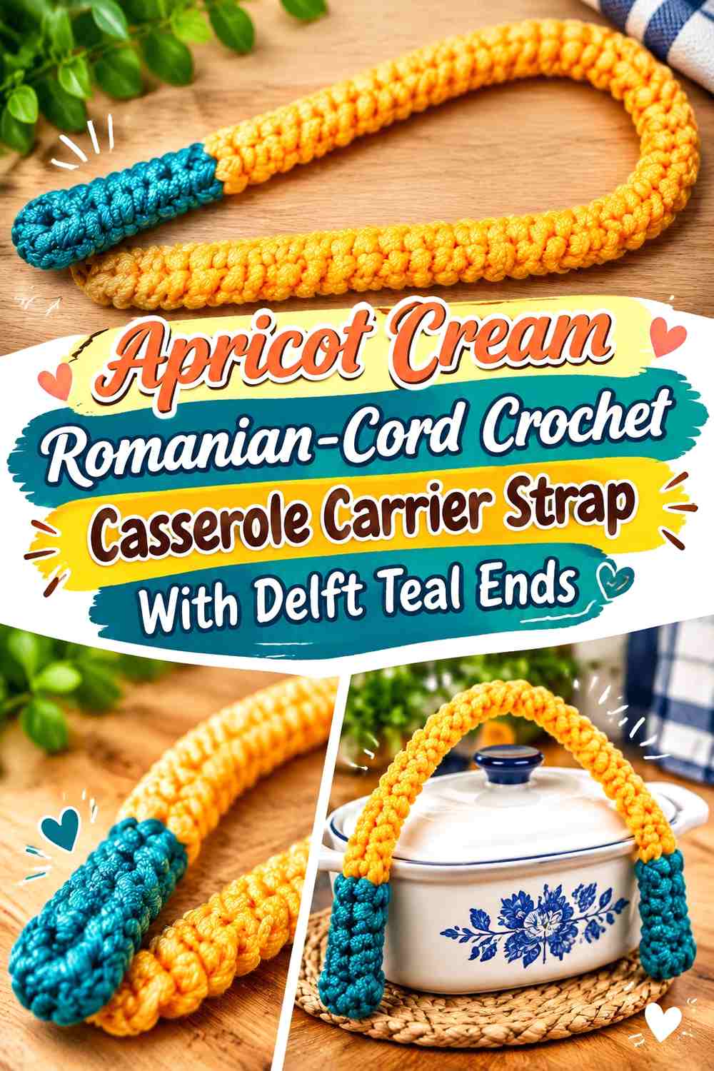 Apricot Cream Romanian Cord Crochet Casserole Carrier Strap With Delft Teal Ends