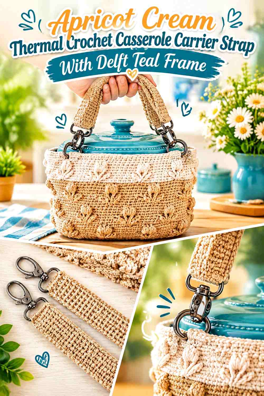 Apricot Cream Thermal Crochet Casserole Carrier Strap With Delft Teal Frame