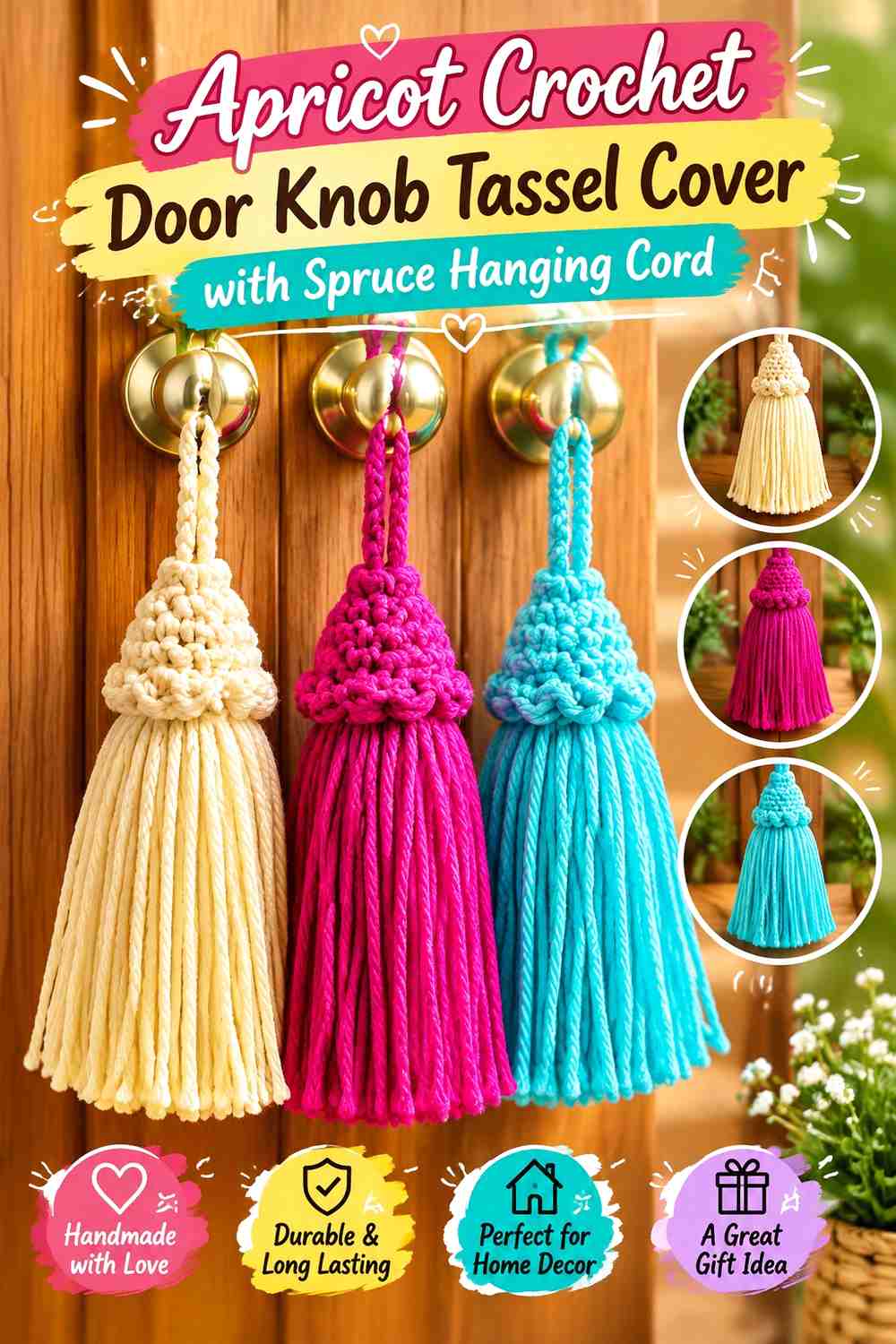 Apricot Crochet Door Knob Tassel Cover with Spruce Hanging Cord