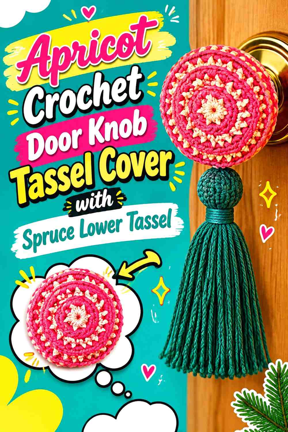 Apricot Crochet Door Knob Tassel Cover with Spruce Lower Tassel