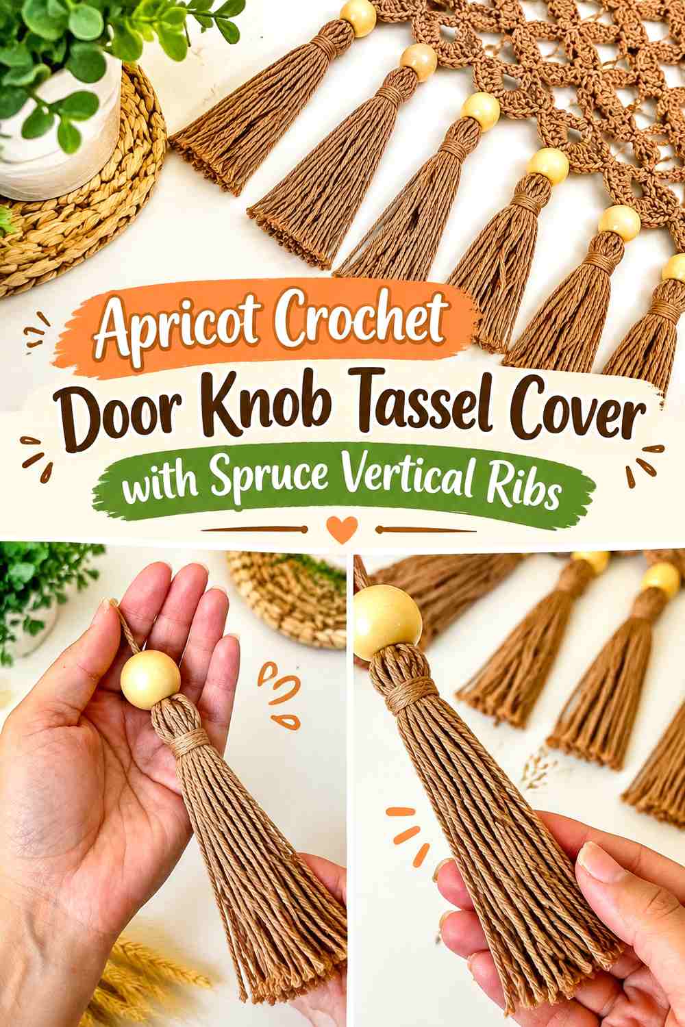 Apricot Crochet Door Knob Tassel Cover with Spruce Vertical Ribs