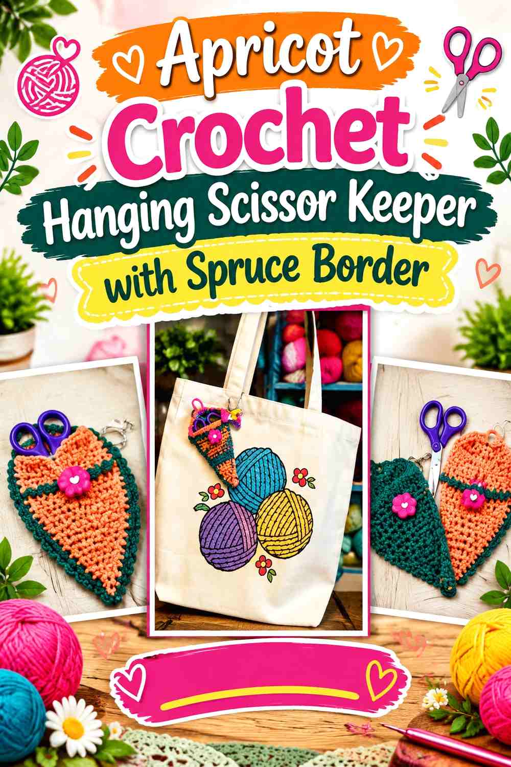 Apricot Crochet Hanging Scissor Keeper with Spruce Border