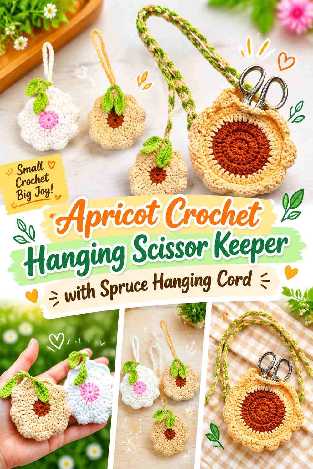 Apricot Crochet Hanging Scissor Keeper with Spruce Hanging Cord