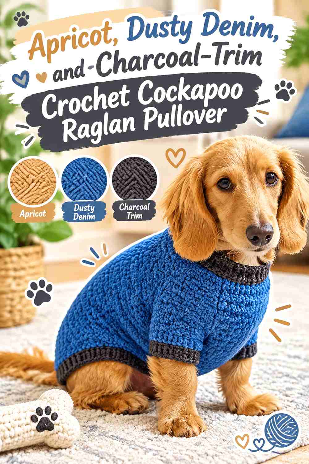 Apricot, Dusty Denim, and Charcoal-Trim Crochet Cockapoo Raglan Pullover