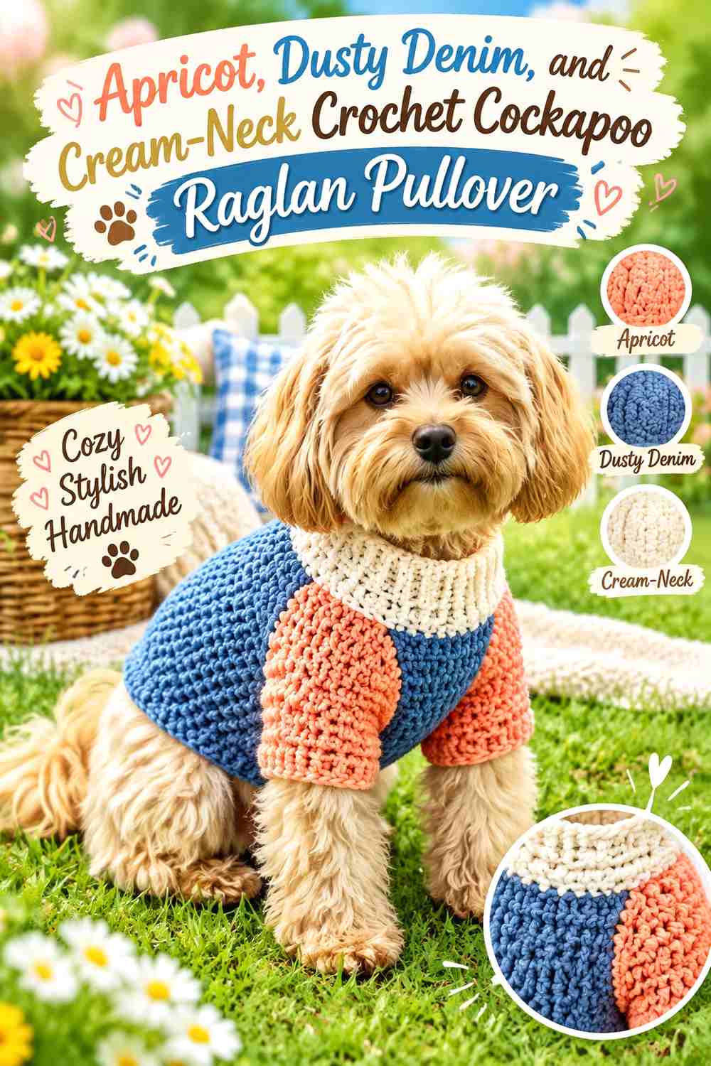 Apricot, Dusty Denim, and Cream-Neck Crochet Cockapoo Raglan Pullover