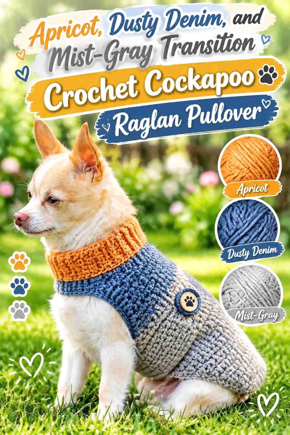 Apricot, Dusty Denim, and Mist-Gray Transition Crochet Cockapoo Raglan Pullover