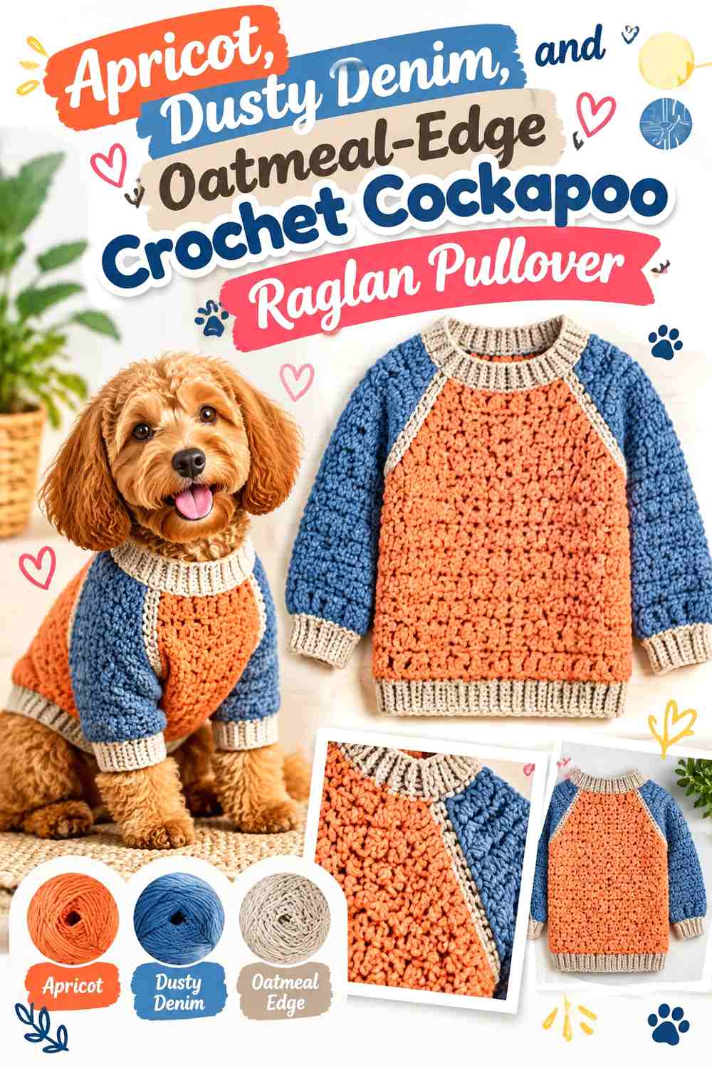 Apricot, Dusty Denim, and Oatmeal-Edge Crochet Cockapoo Raglan Pullover
