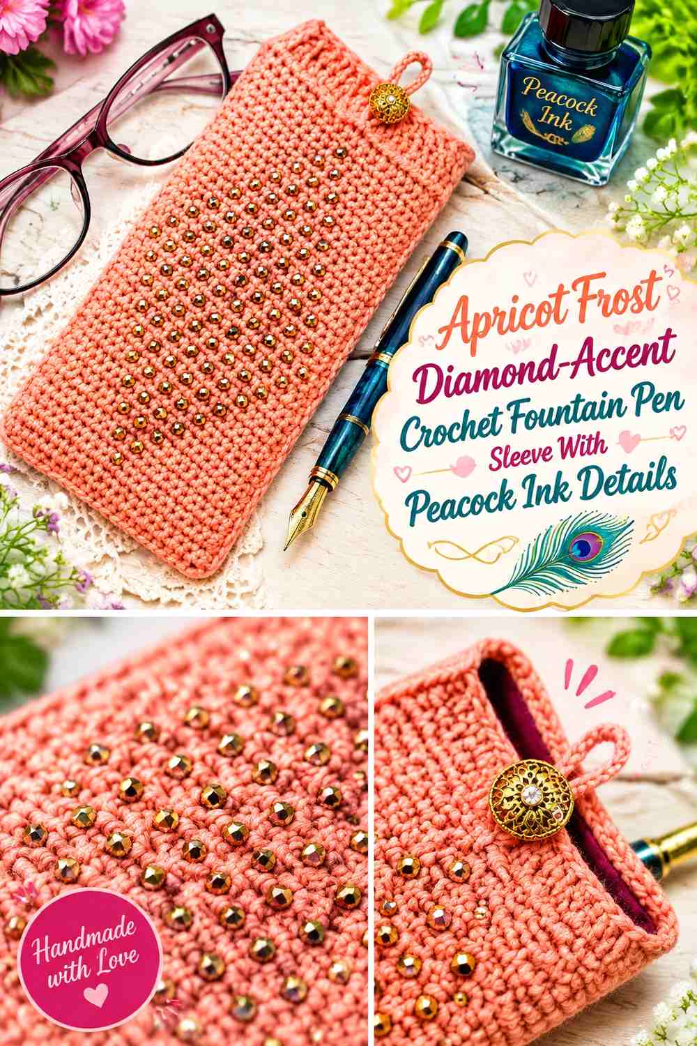Apricot Frost Diamond-Accent Crochet Fountain Pen Sleeve With Peacock Ink Details