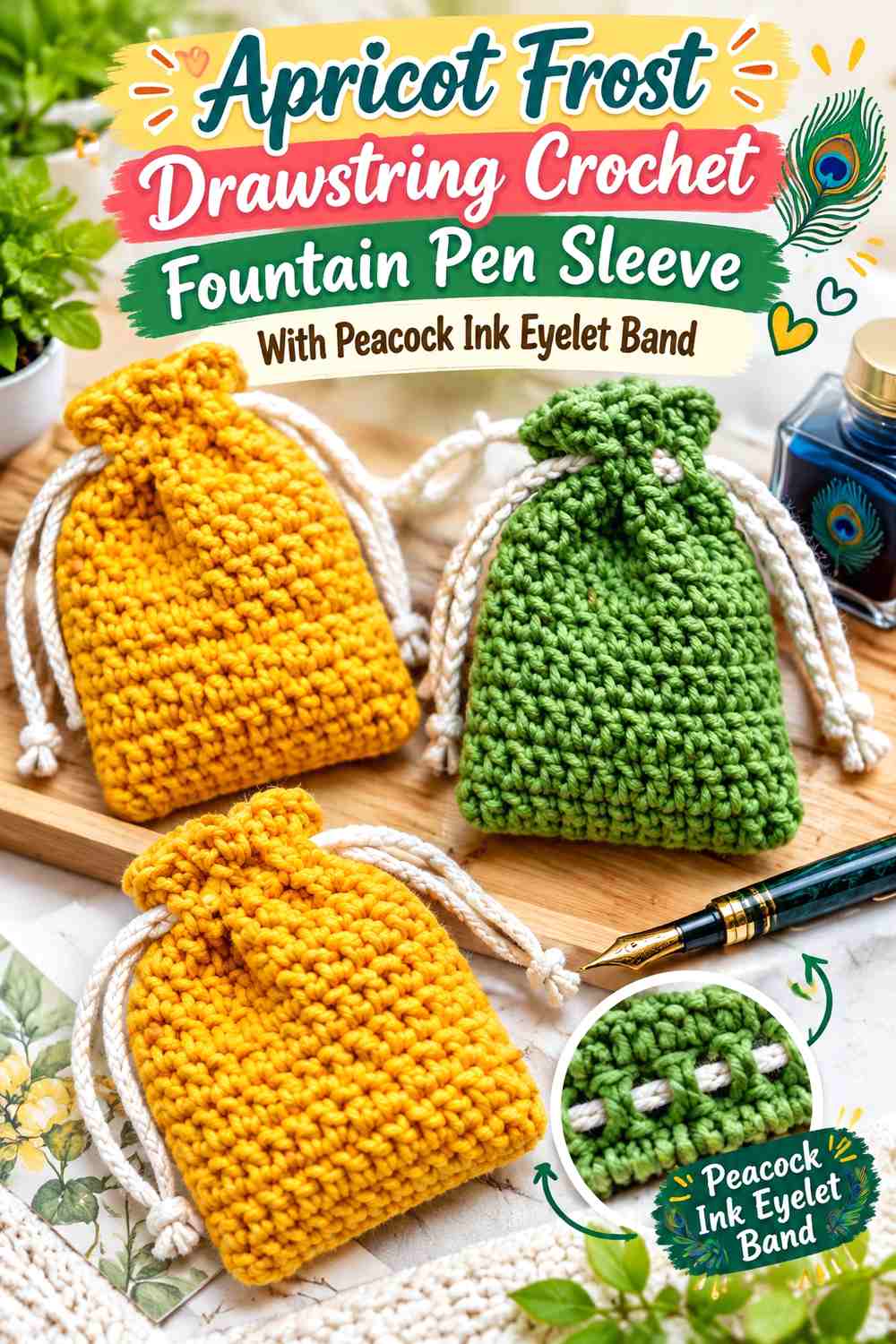 Apricot Frost Drawstring Crochet Fountain Pen Sleeve With Peacock Ink Eyelet Band