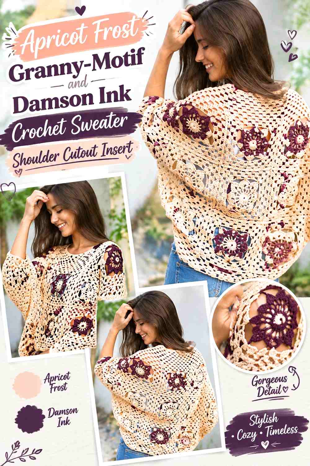Apricot Frost Granny-Motif and Damson Ink Crochet Sweater Shoulder Cutout Insert