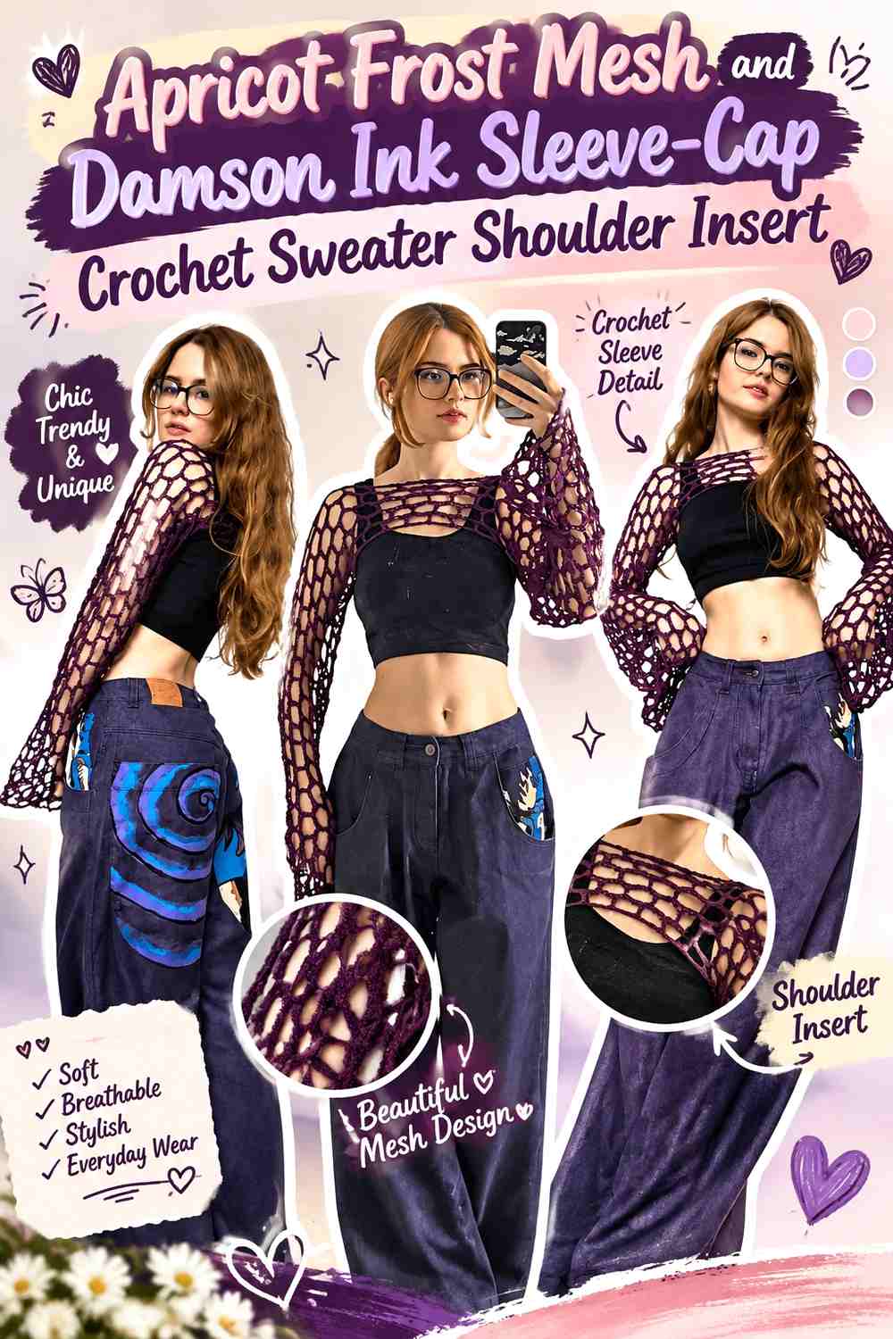 Apricot Frost Mesh and Damson Ink Sleeve-Cap Crochet Sweater Shoulder Insert