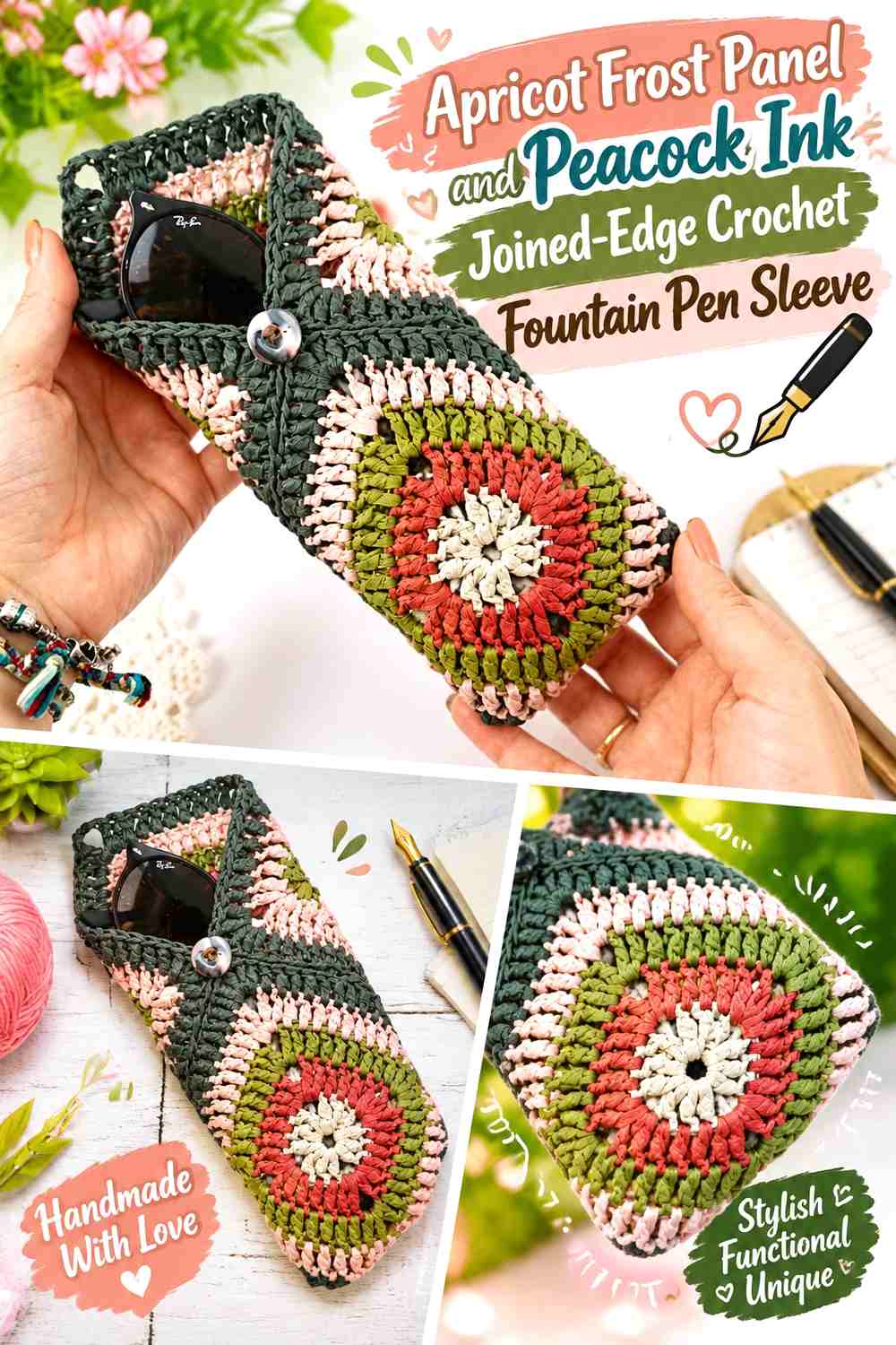 Apricot Frost Panel and Peacock Ink Joined-Edge Crochet Fountain Pen Sleeve
