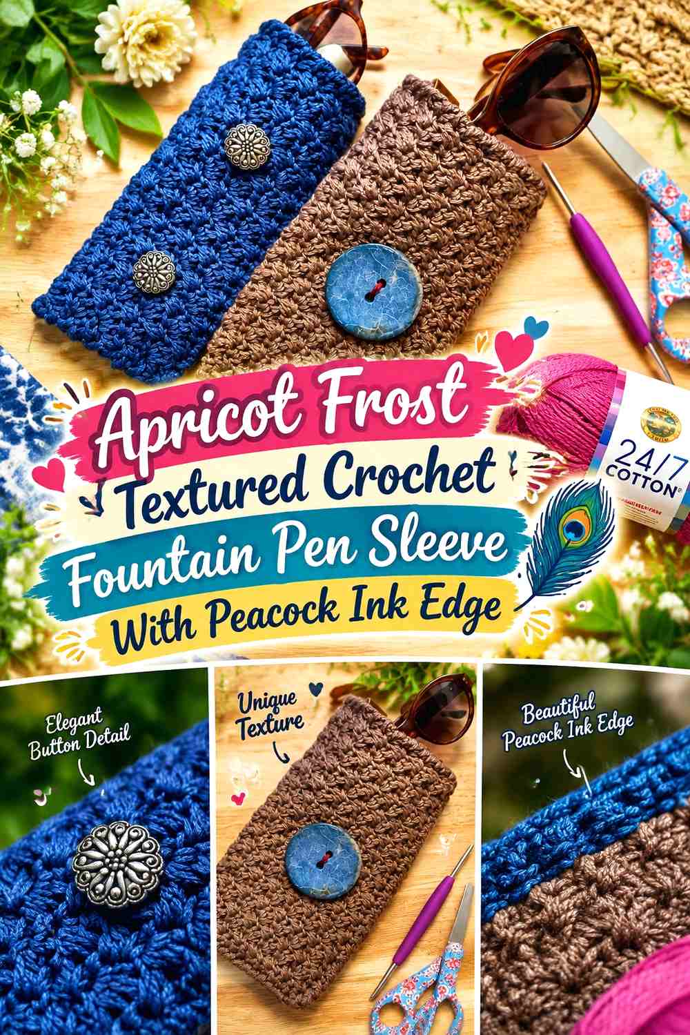 Apricot Frost Textured Crochet Fountain Pen Sleeve With Peacock Ink Edge