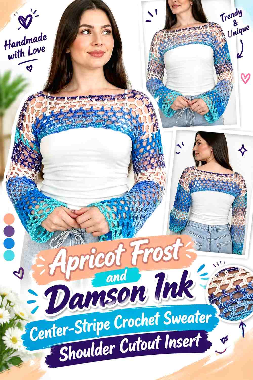 Apricot Frost and Damson Ink Center-Stripe Crochet Sweater Shoulder Cutout Insert