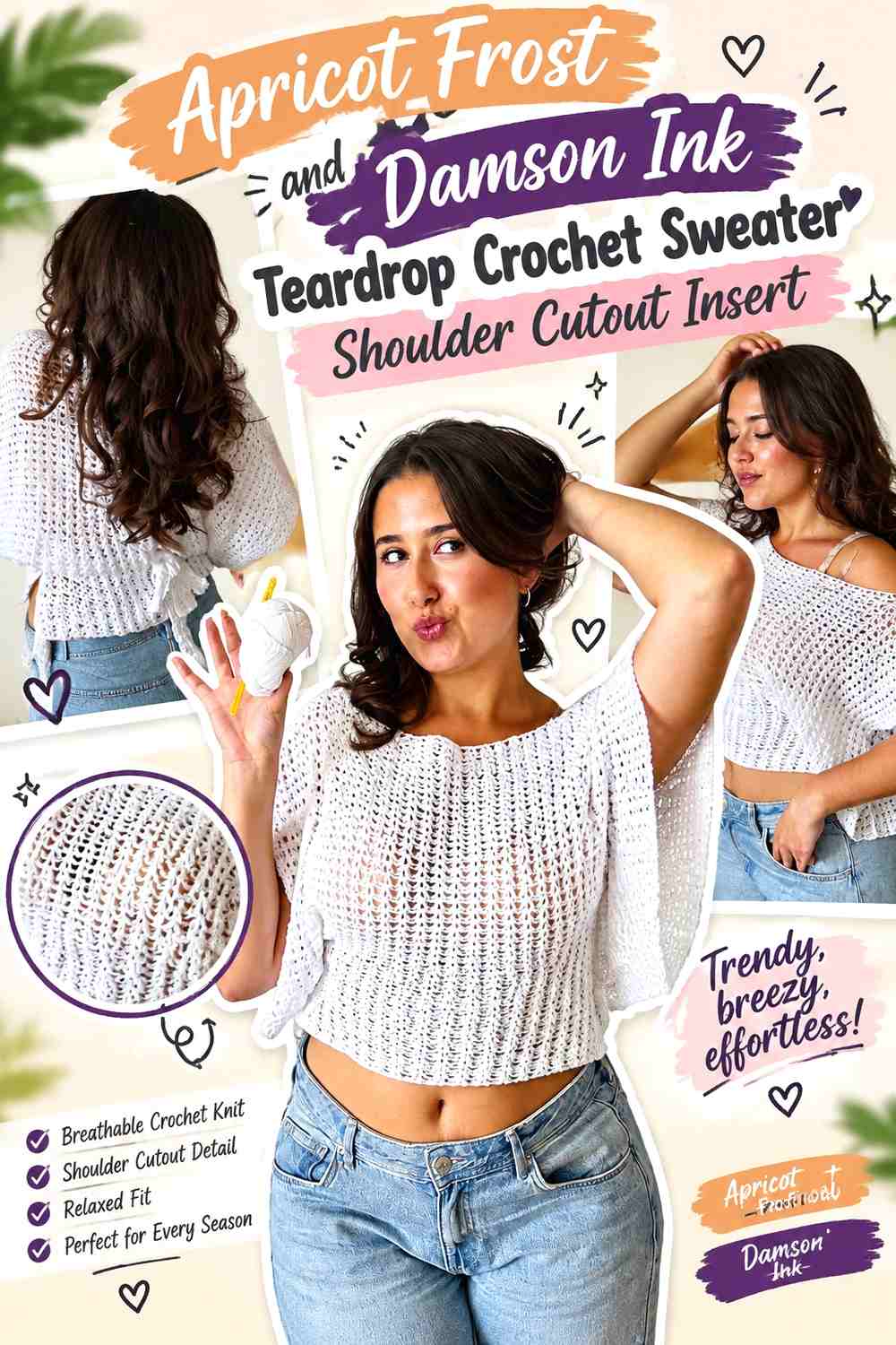 Apricot Frost and Damson Ink Teardrop Crochet Sweater Shoulder Cutout Insert