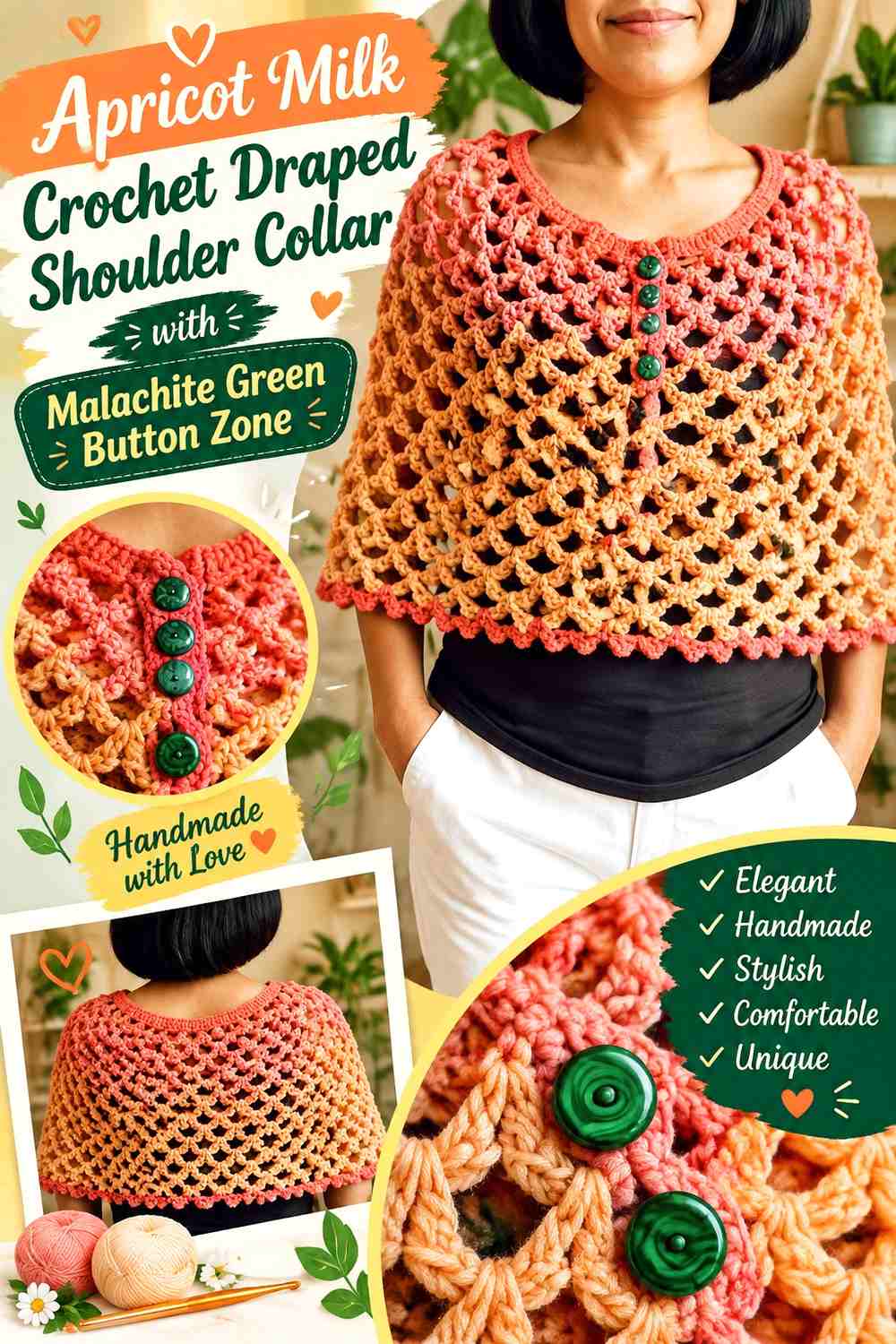 Apricot Milk Crochet Draped Shoulder Collar with Malachite Green Button Zone