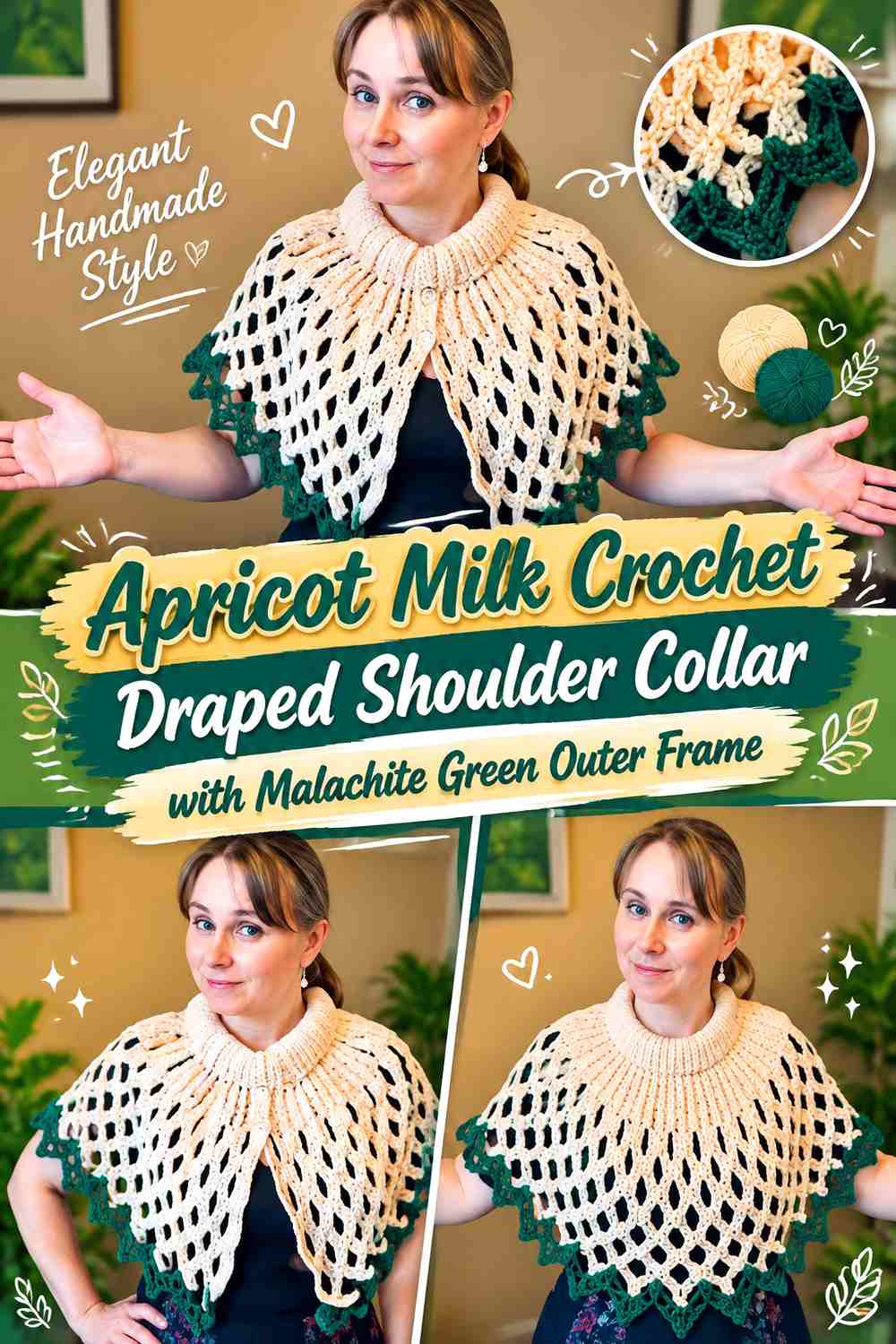 Apricot Milk Crochet Draped Shoulder Collar with Malachite Green Outer Frame