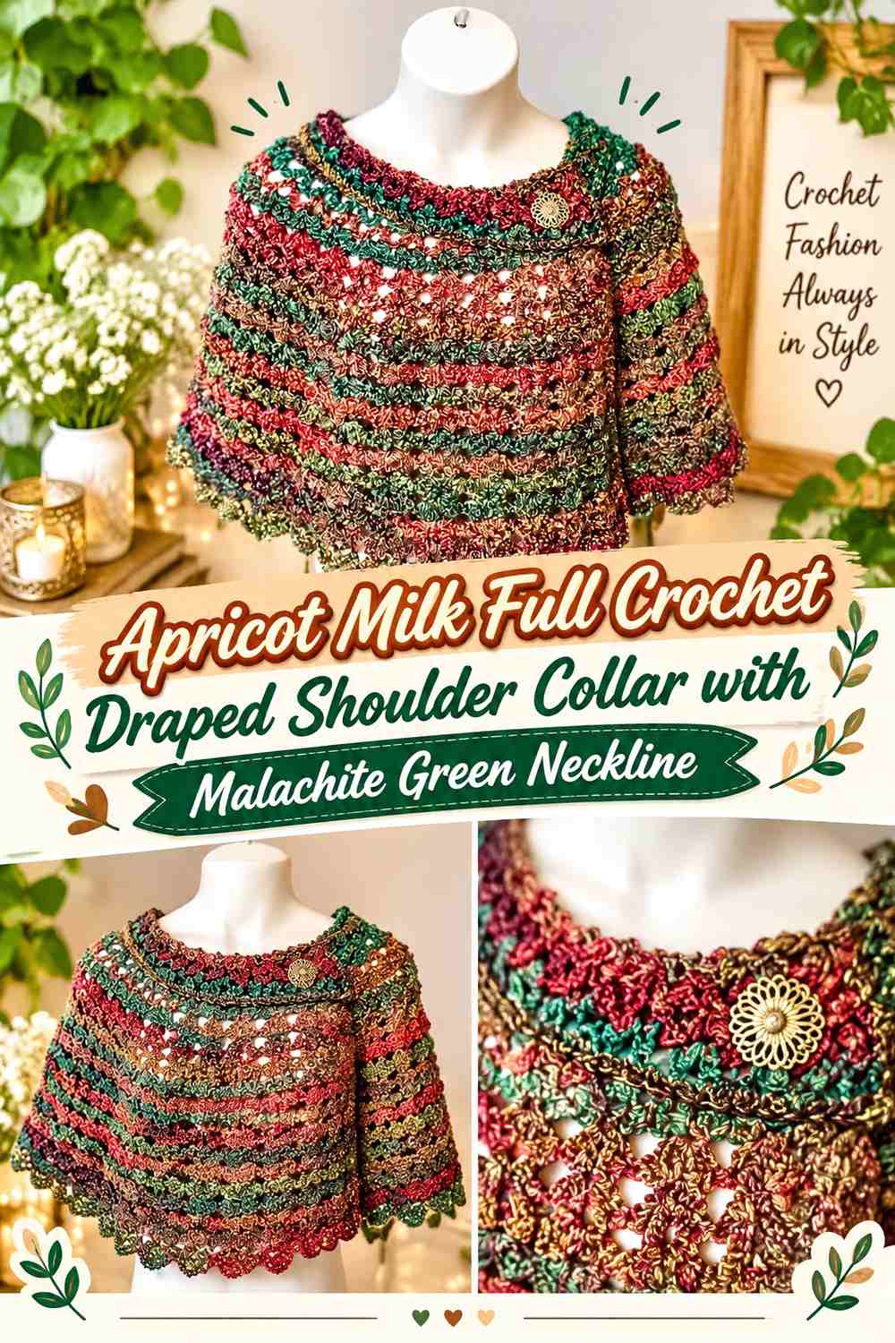 Apricot Milk Full Crochet Draped Shoulder Collar with Malachite Green Neckline