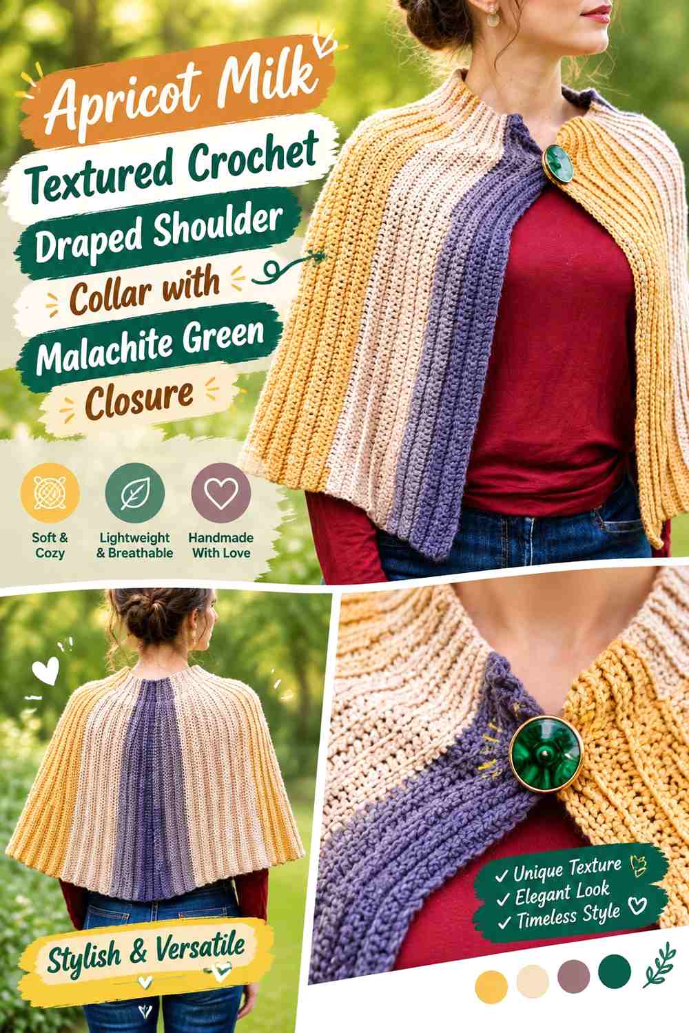Apricot Milk Textured Crochet Draped Shoulder Collar with Malachite Green Closure