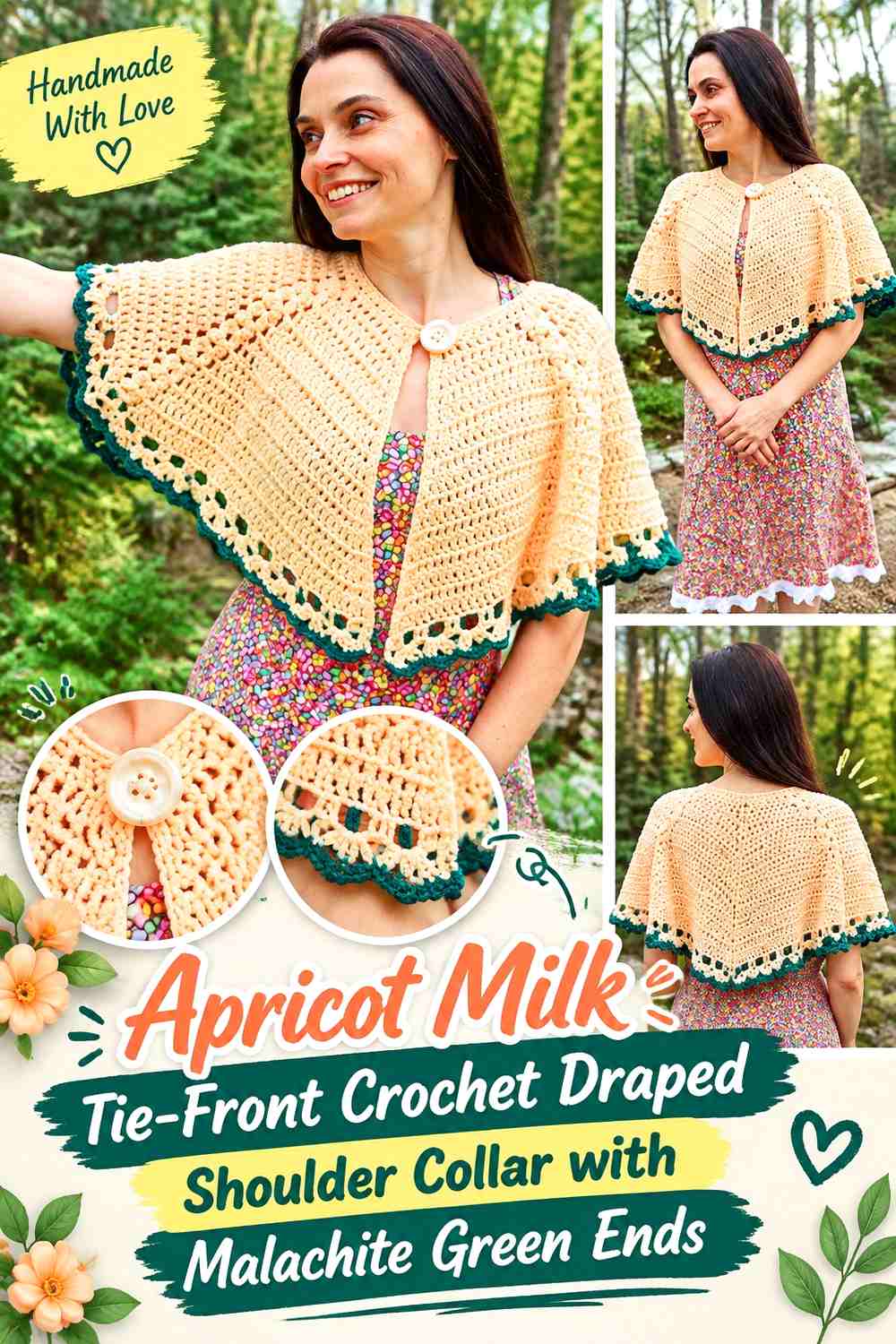 Apricot Milk Tie-Front Crochet Draped Shoulder Collar with Malachite Green Ends