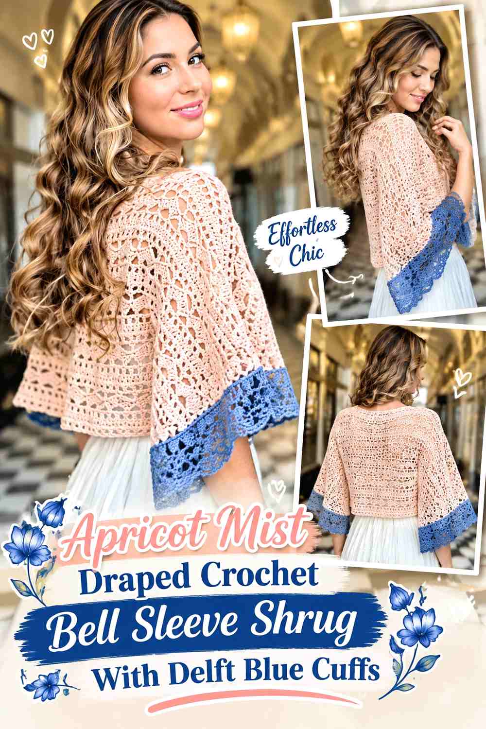 Apricot Mist Draped Crochet Bell Sleeve Shrug With Delft Blue Cuffs