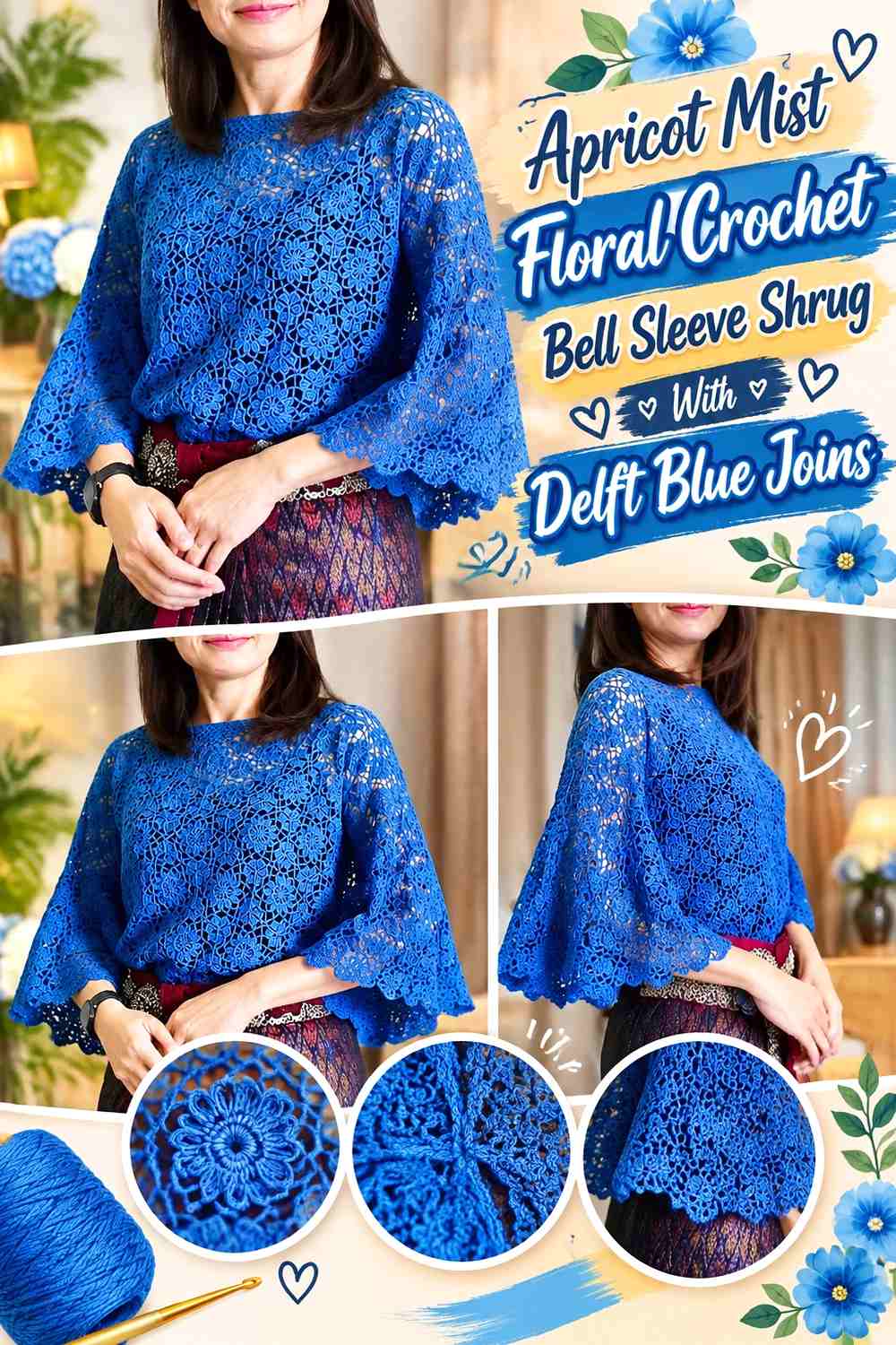 Apricot Mist Floral Crochet Bell Sleeve Shrug With Delft Blue Joins