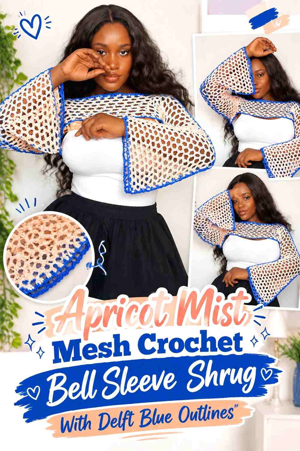Apricot Mist Mesh Crochet Bell Sleeve Shrug With Delft Blue Outlines