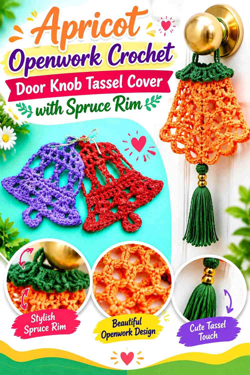 Apricot Openwork Crochet Door Knob Tassel Cover with Spruce Rim