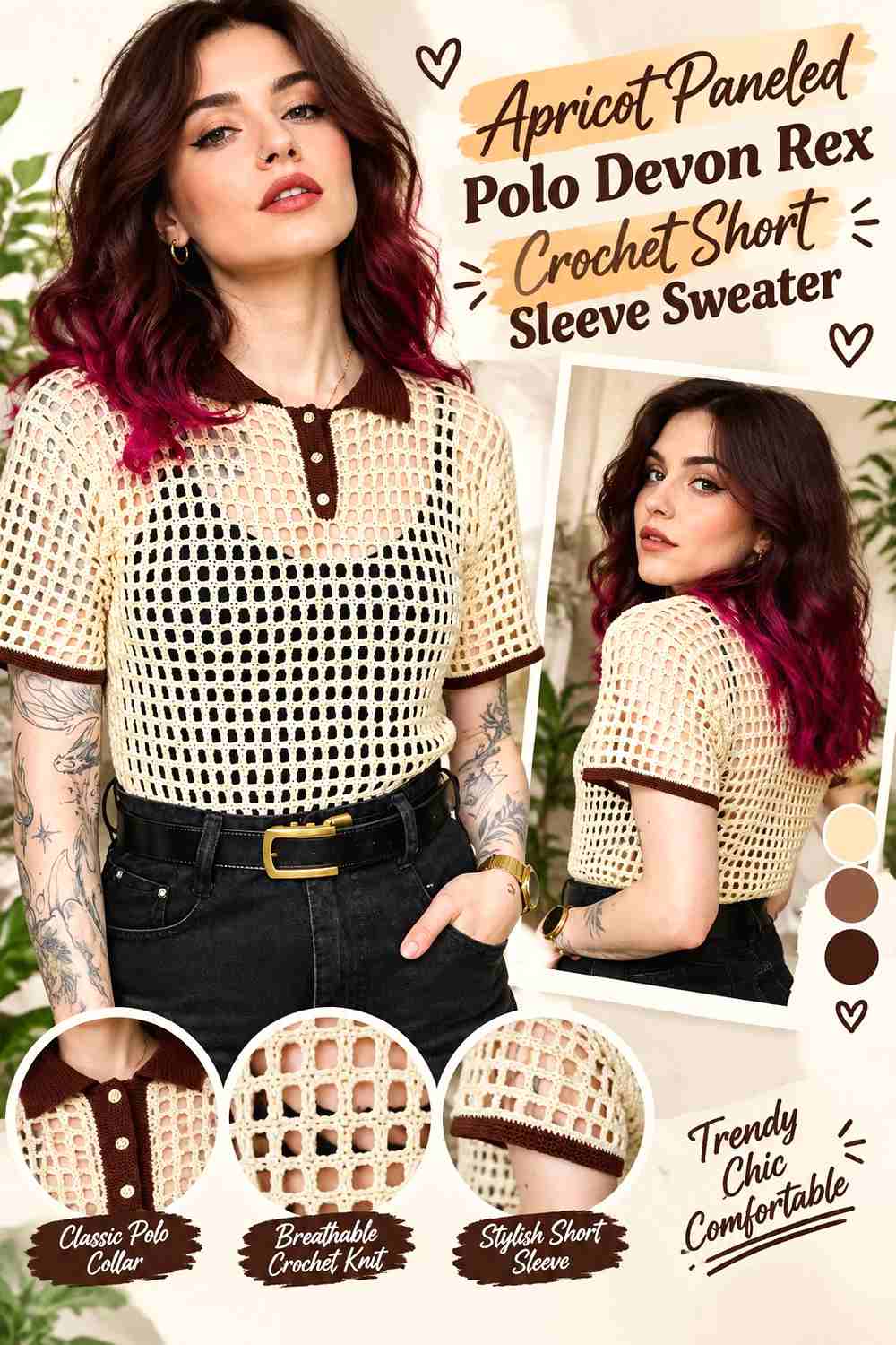 Apricot Paneled Polo Devon Rex Crochet Short Sleeve Sweater