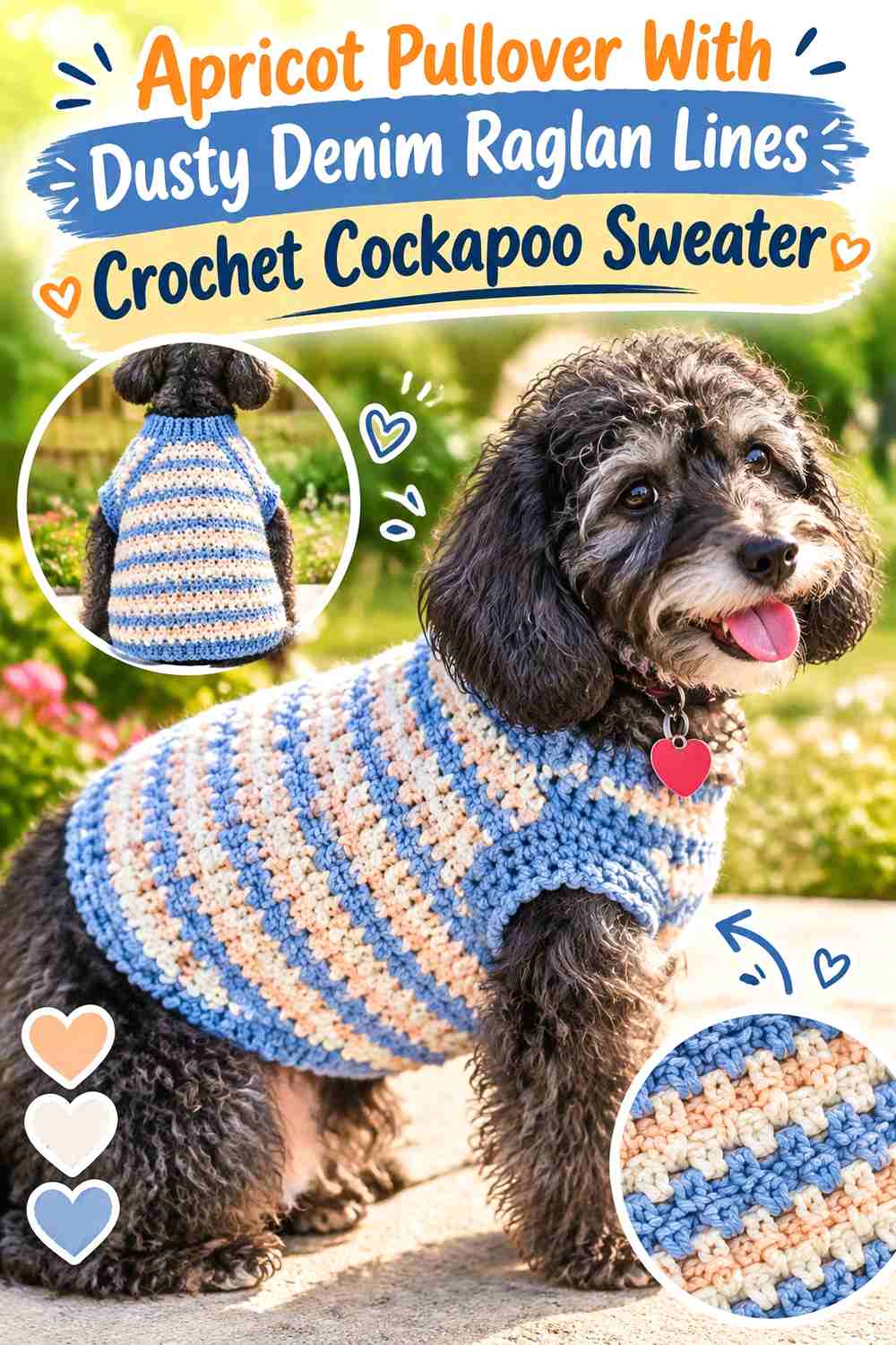 Apricot Pullover With Dusty Denim Raglan Lines Crochet Cockapoo Sweater