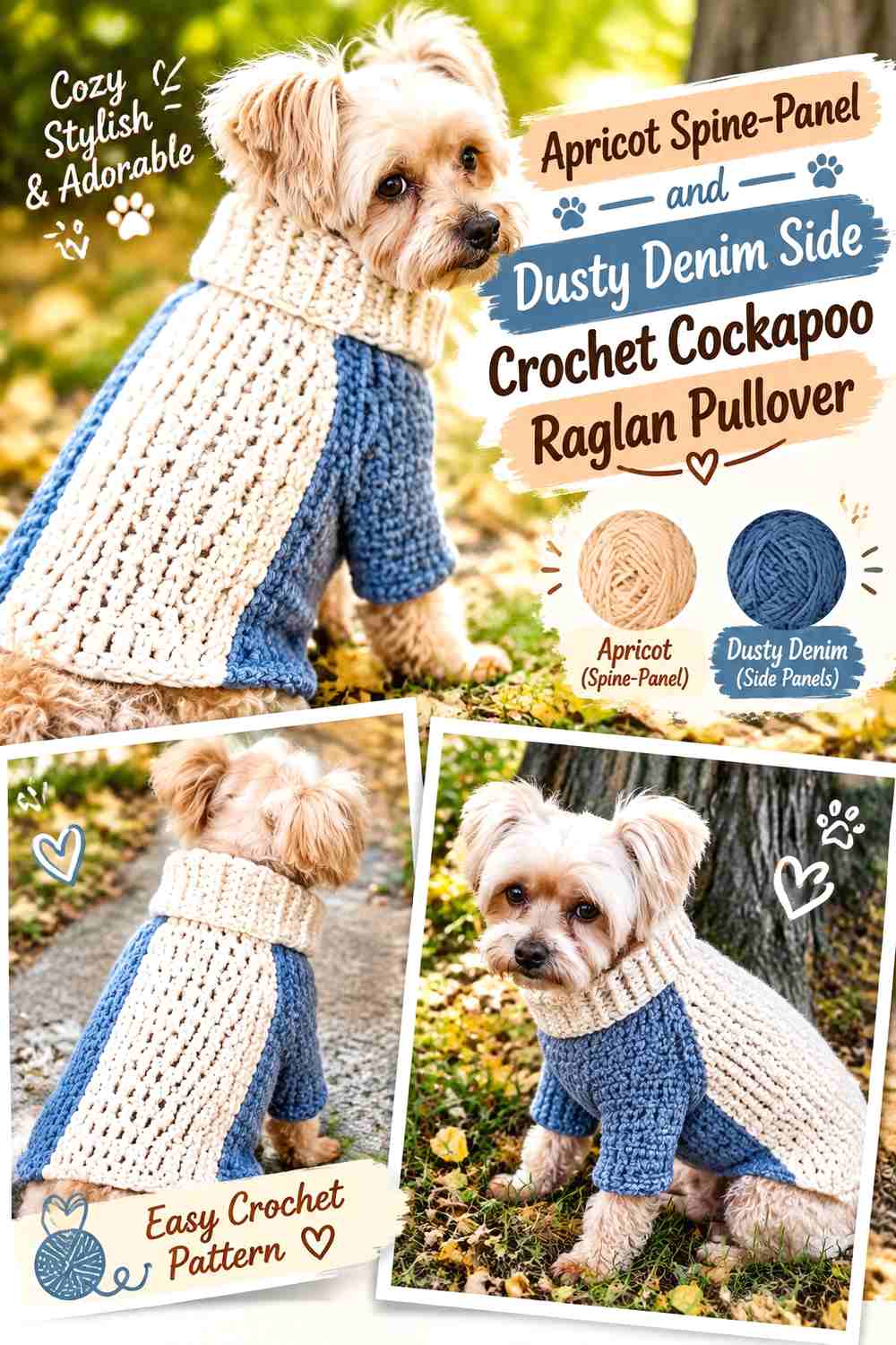 Apricot Spine-Panel and Dusty Denim Side Crochet Cockapoo Raglan Pullover