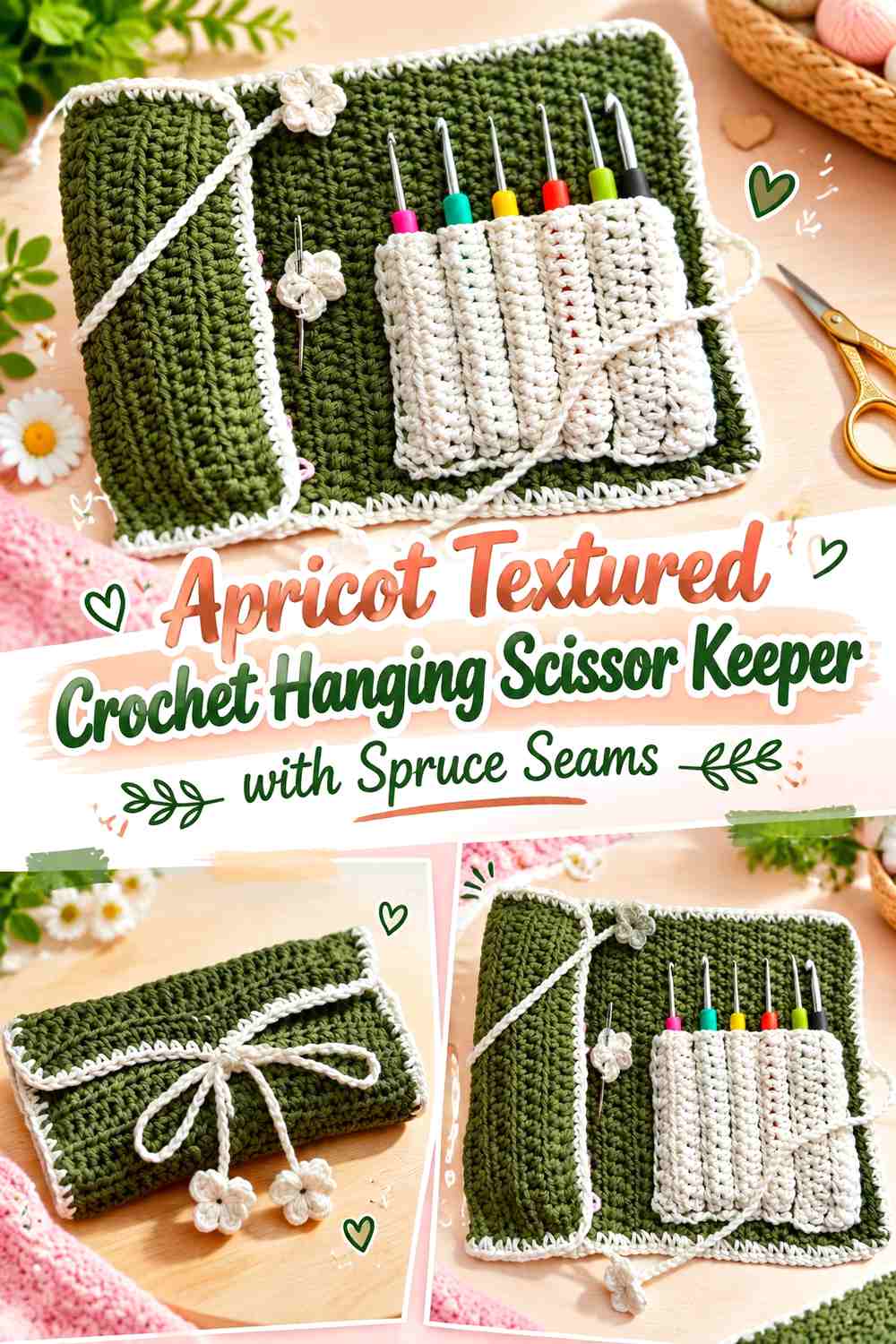Apricot Textured Crochet Hanging Scissor Keeper with Spruce Seams