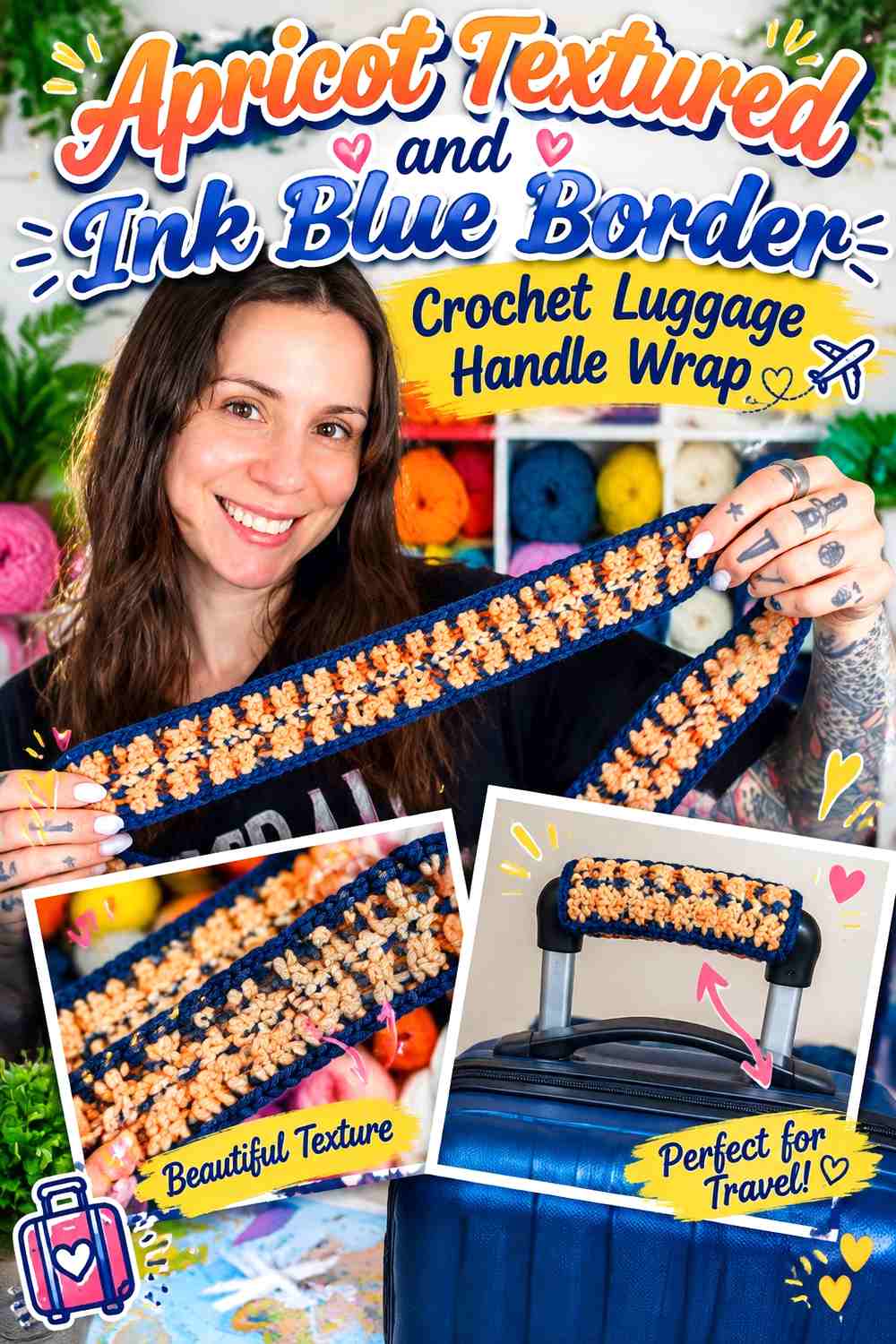 10. Apricot Textured And Ink Blue Border Crochet Luggage Handle Wrap