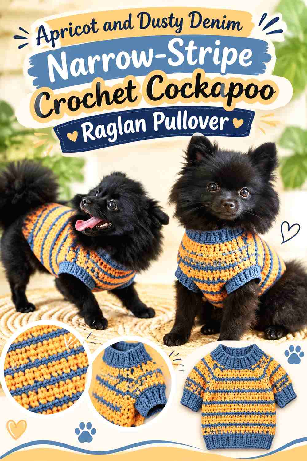 Apricot and Dusty Denim Narrow-Stripe Crochet Cockapoo Raglan Pullover