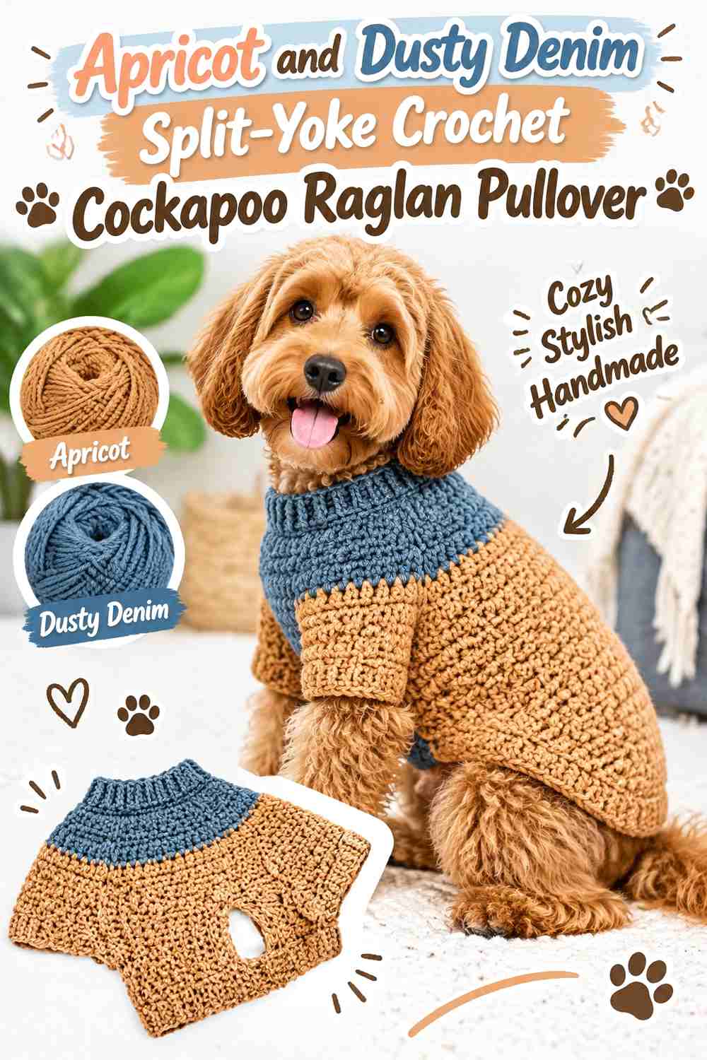 Apricot and Dusty Denim Split-Yoke Crochet Cockapoo Raglan Pullover