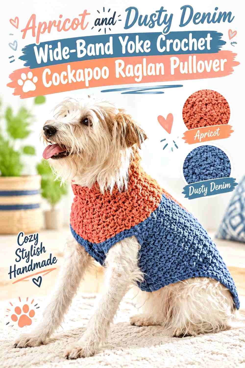 Apricot and Dusty Denim Wide-Band Yoke Crochet Cockapoo Raglan Pullover