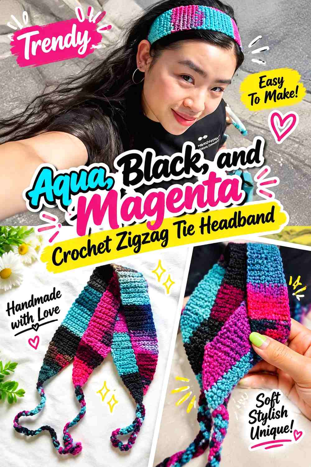 Aqua, Black, and Magenta Crochet Zigzag Tie Headband