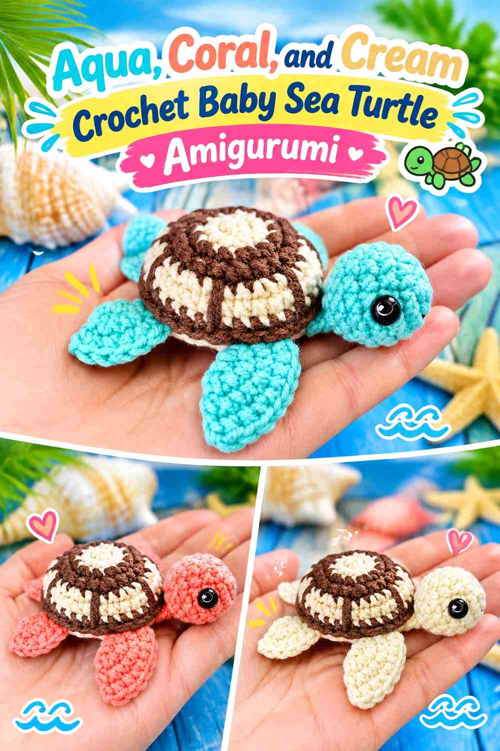 Aqua, Coral, and Cream Crochet Baby Sea Turtle Amigurumi