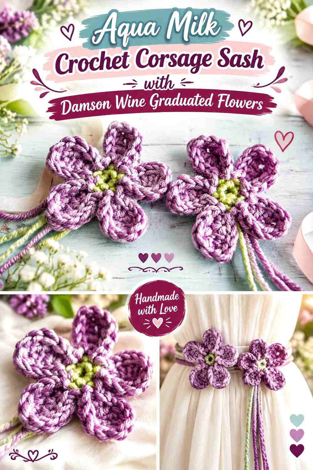 Aqua Milk Crochet Corsage Sash with Damson Wine Graduated Flowers