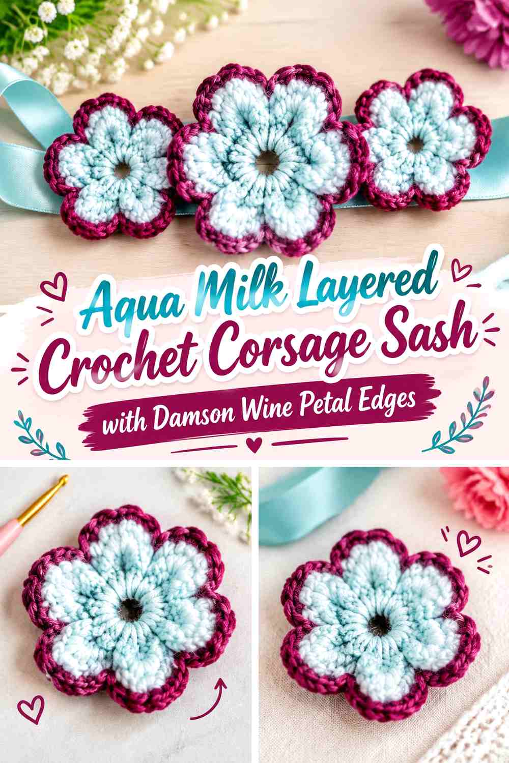 Aqua Milk Layered Crochet Corsage Sash with Damson Wine Petal Edges