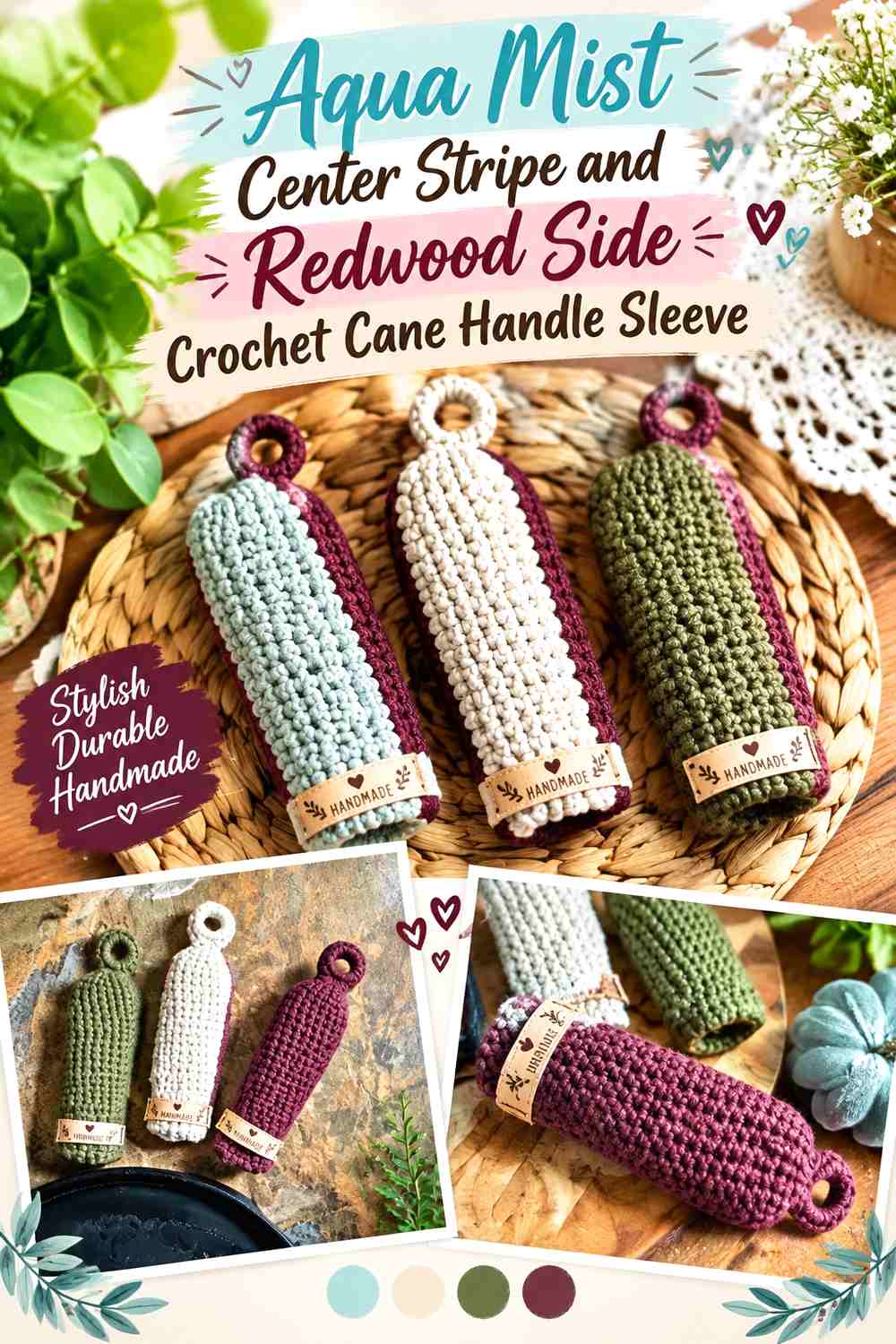 Aqua Mist Center Stripe and Redwood Side Crochet Cane Handle Sleeve