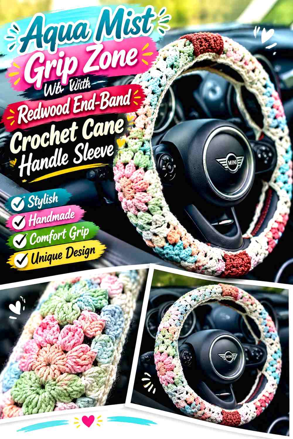 Aqua Mist Grip Zone With Redwood End Band Crochet Cane Handle Sleeve