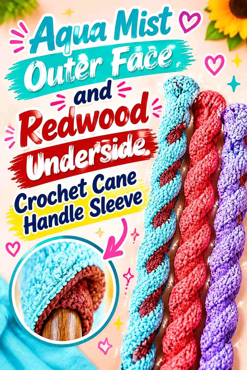 Aqua Mist Outer Face and Redwood Underside Crochet Cane Handle Sleeve