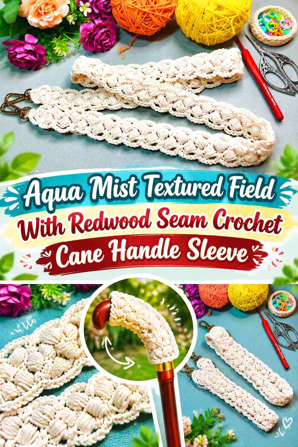 Aqua Mist Textured Field With Redwood Seam Crochet Cane Handle Sleeve