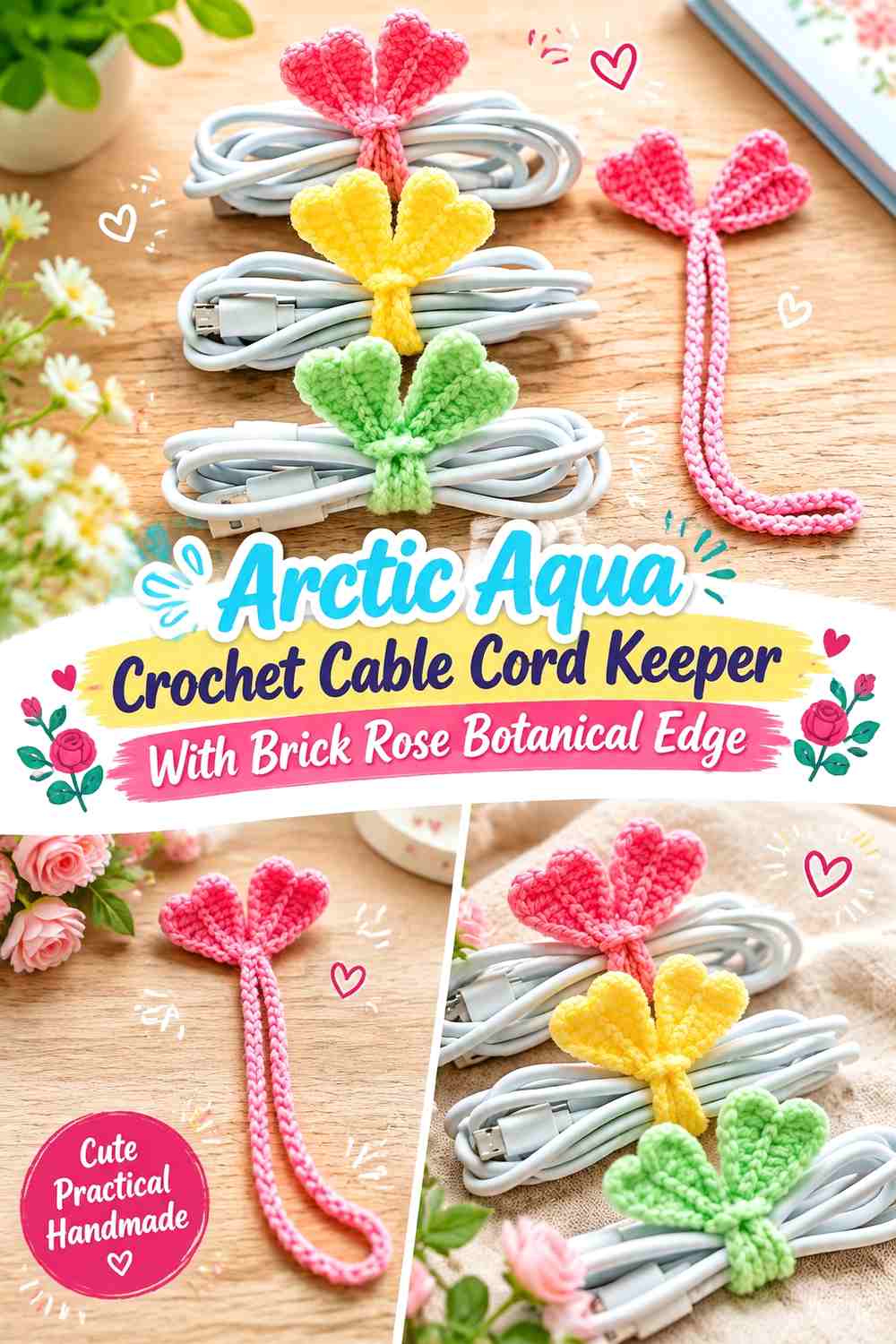 Arctic Aqua Crochet Cable Cord Keeper With Brick Rose Botanical Edge
