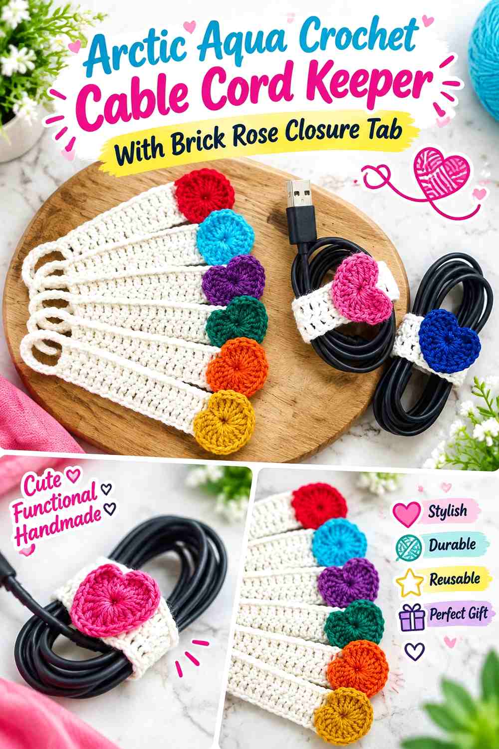 Arctic Aqua Crochet Cable Cord Keeper With Brick Rose Closure Tab