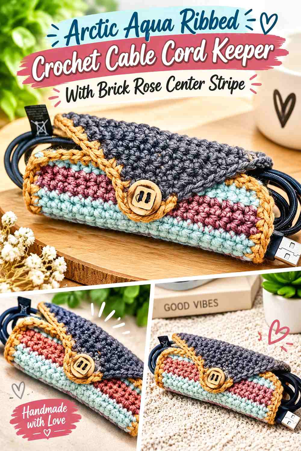 Arctic Aqua Ribbed Crochet Cable Cord Keeper With Brick Rose Center Stripe