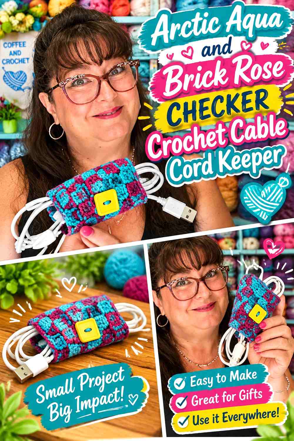 Arctic Aqua and Brick Rose Checker Crochet Cable Cord Keeper