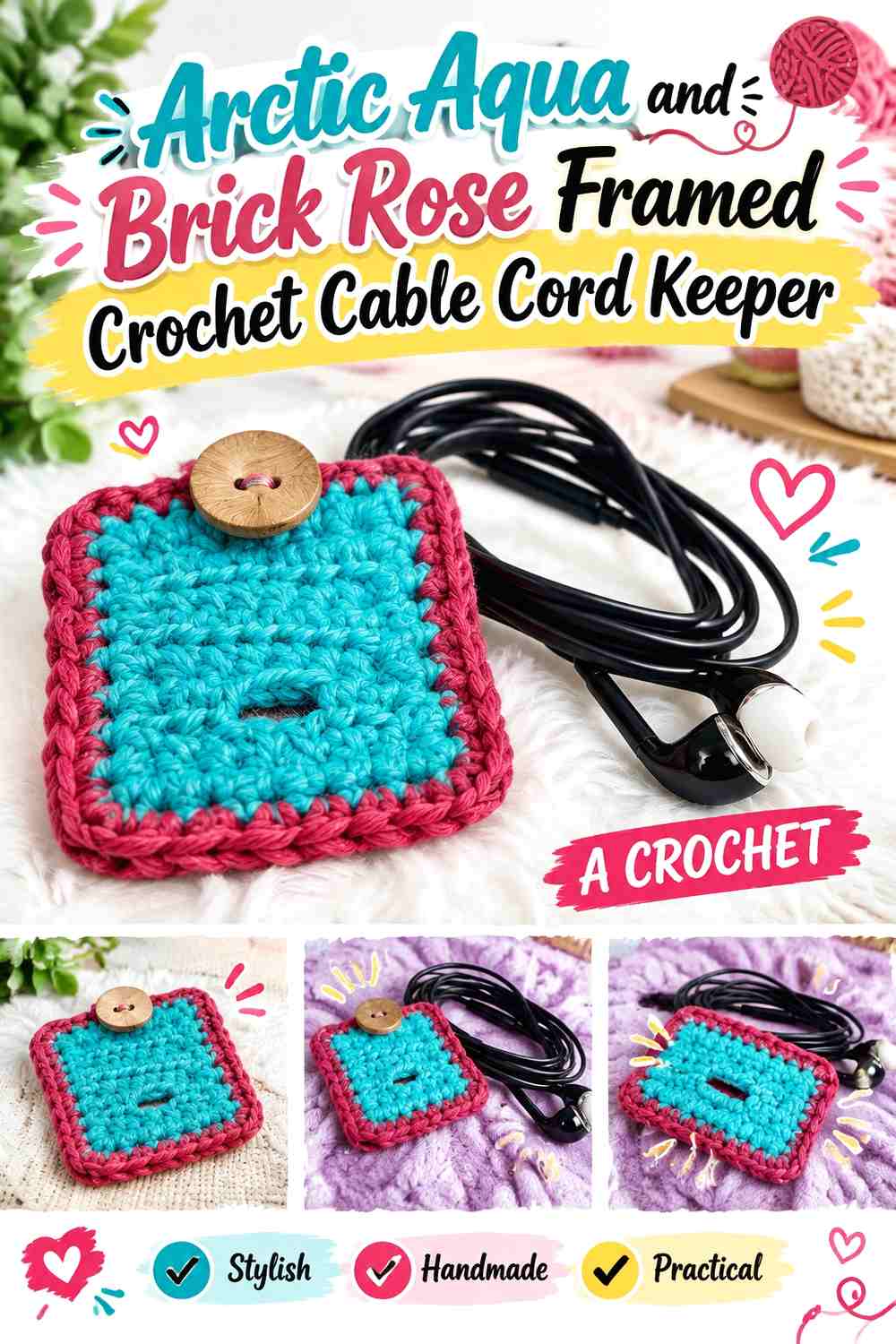Arctic Aqua and Brick Rose Framed Crochet Cable Cord Keeper