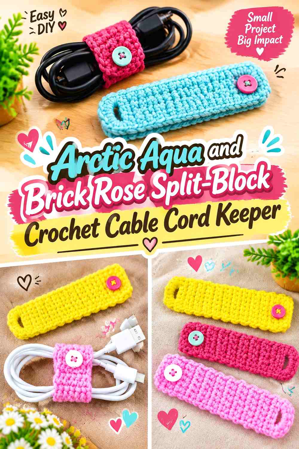 Arctic Aqua and Brick Rose Split Block Crochet Cable Cord Keeper